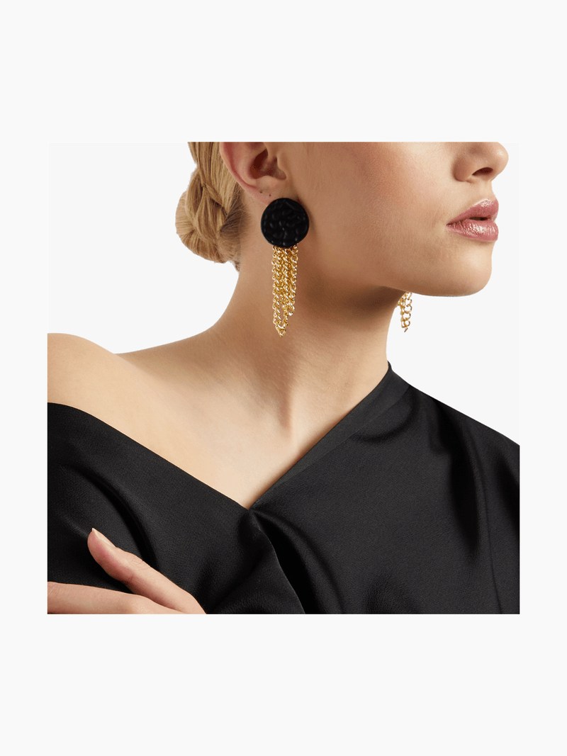 Statement Black Hammered Circle with Multi Gold Chain Drops