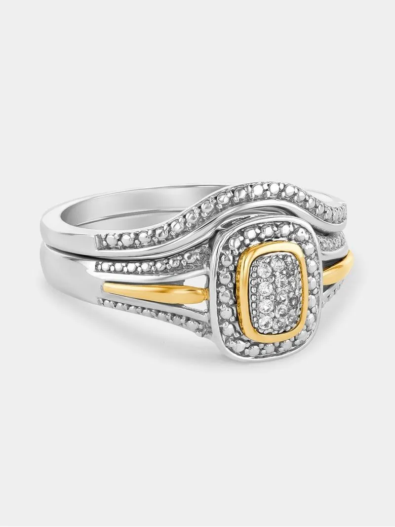 Yellow Gold & Sterling Silver Diamond & Created Sapphire Rectangle Halo Twinset Ring