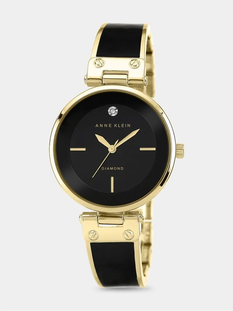 Anne Klein Genuine Diamond Accented Black & Gold Tone Bangle Watch