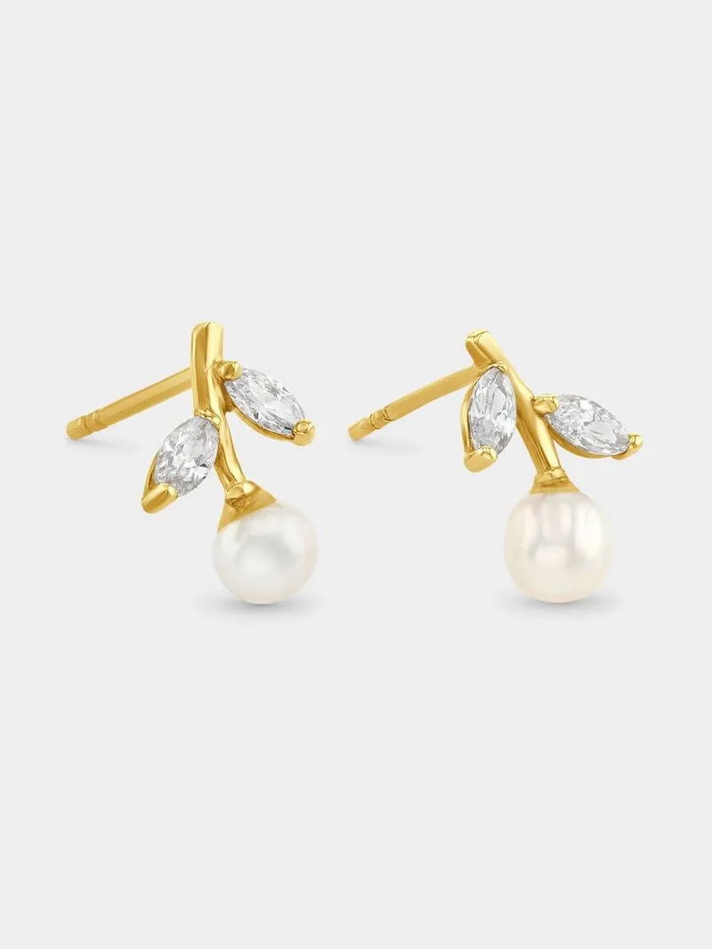 Yellow Gold, Cubic Zirconia & Pearl Stud Earrings