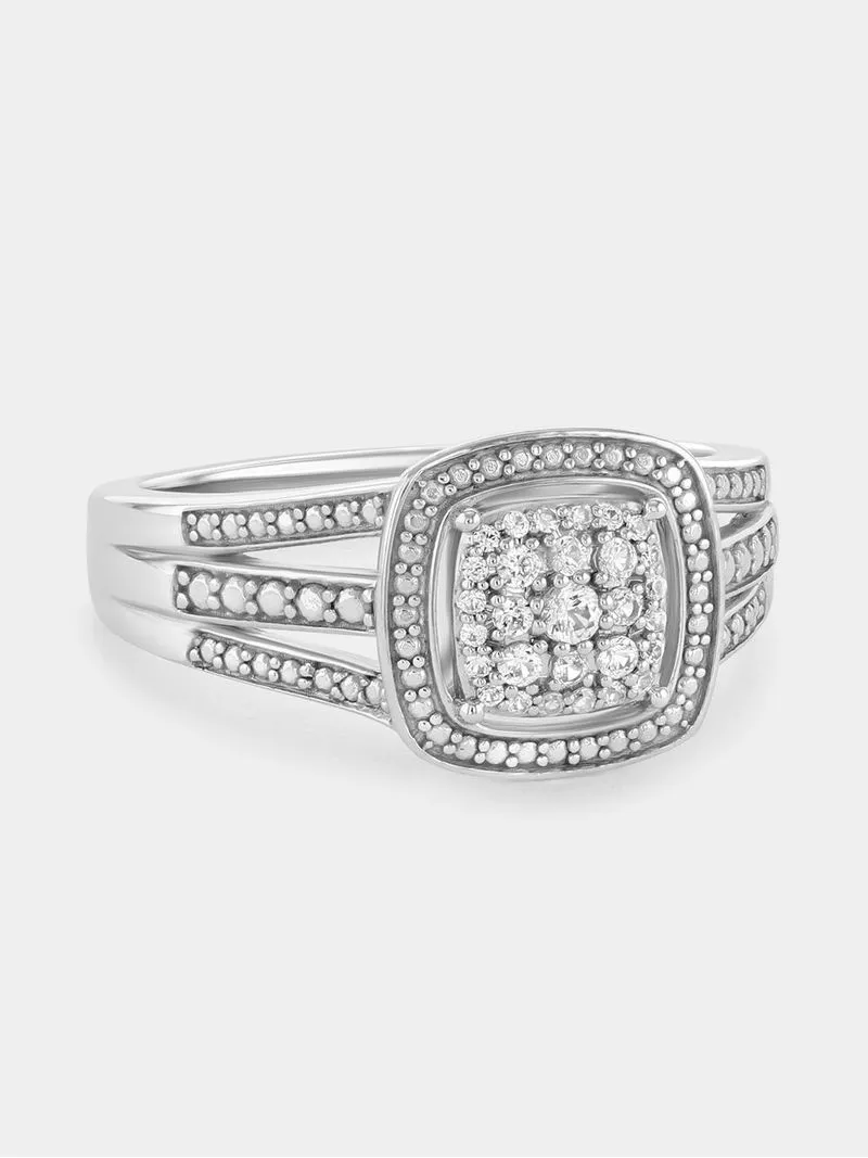 Sterling Silver Diamond & Created Sapphire Cushion Halo Ring