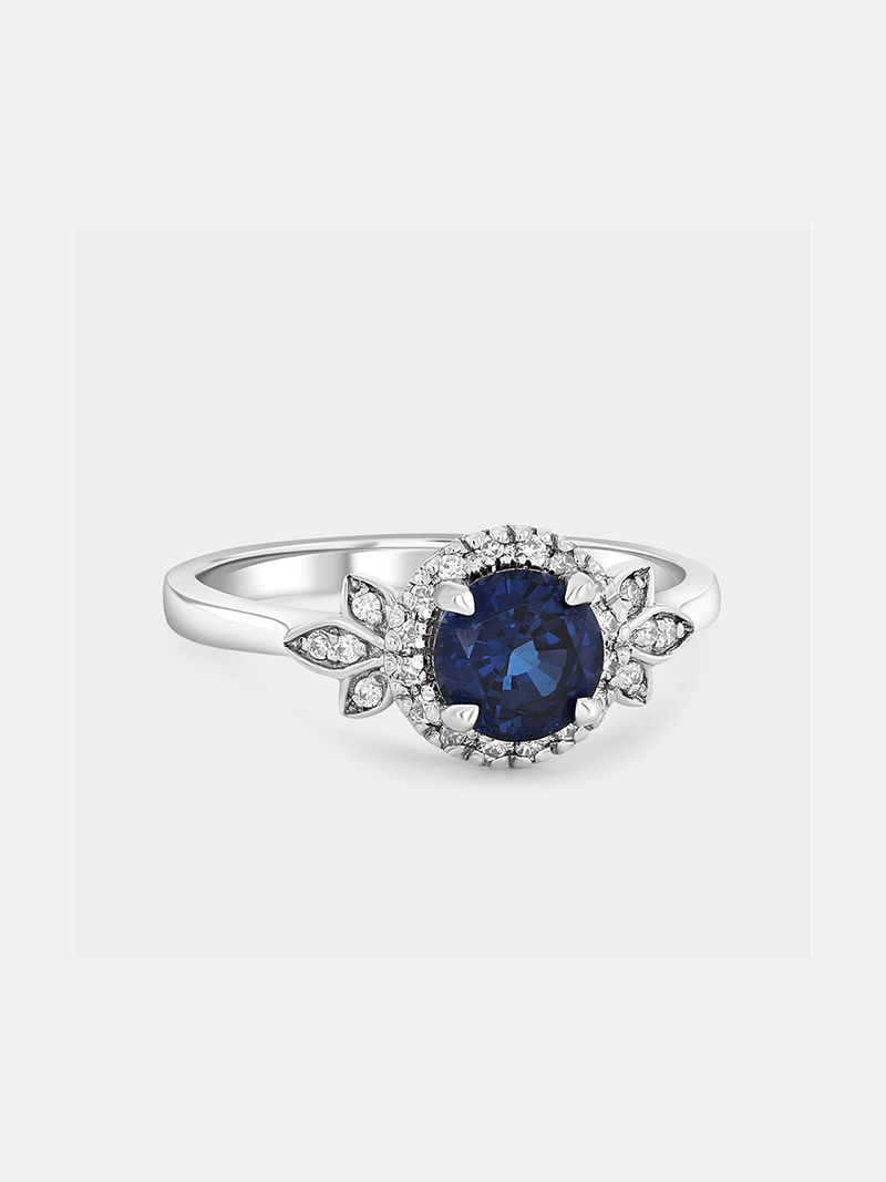 White Gold Lab Grown Blue Sapphire & Moissanite Women’s Round Ring