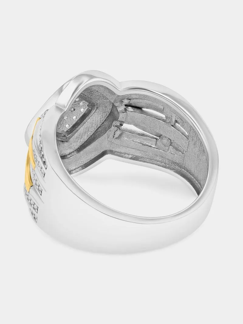 Yellow Gold & Sterling Silver Diamond & Created Sapphire Cushion Halo Ring