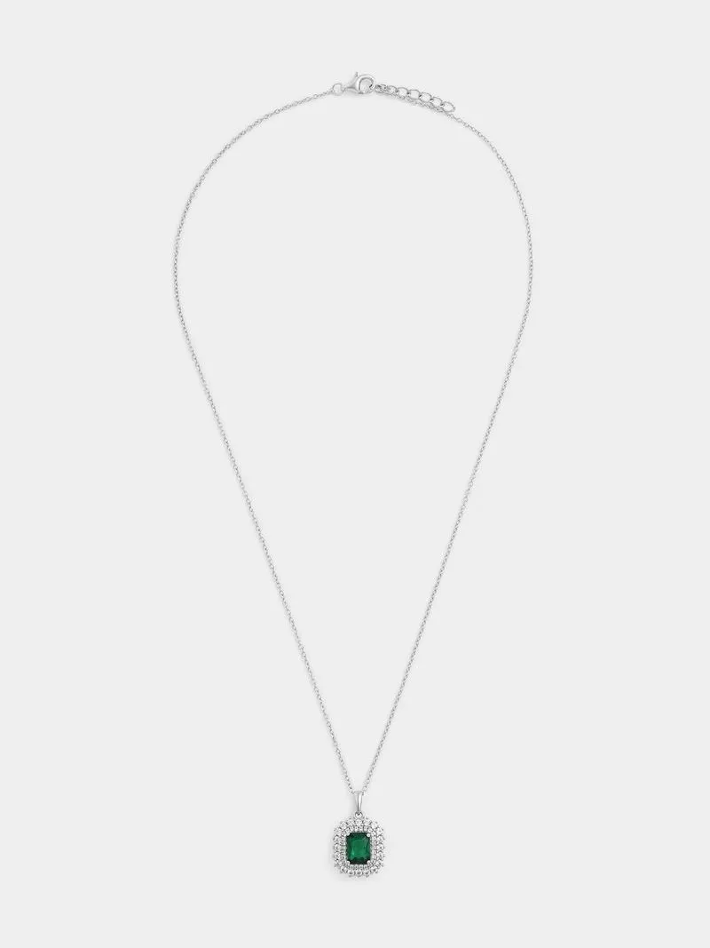 Sterling Silver Diamond & Green Spinel Emerald-Cut Halo Pendant