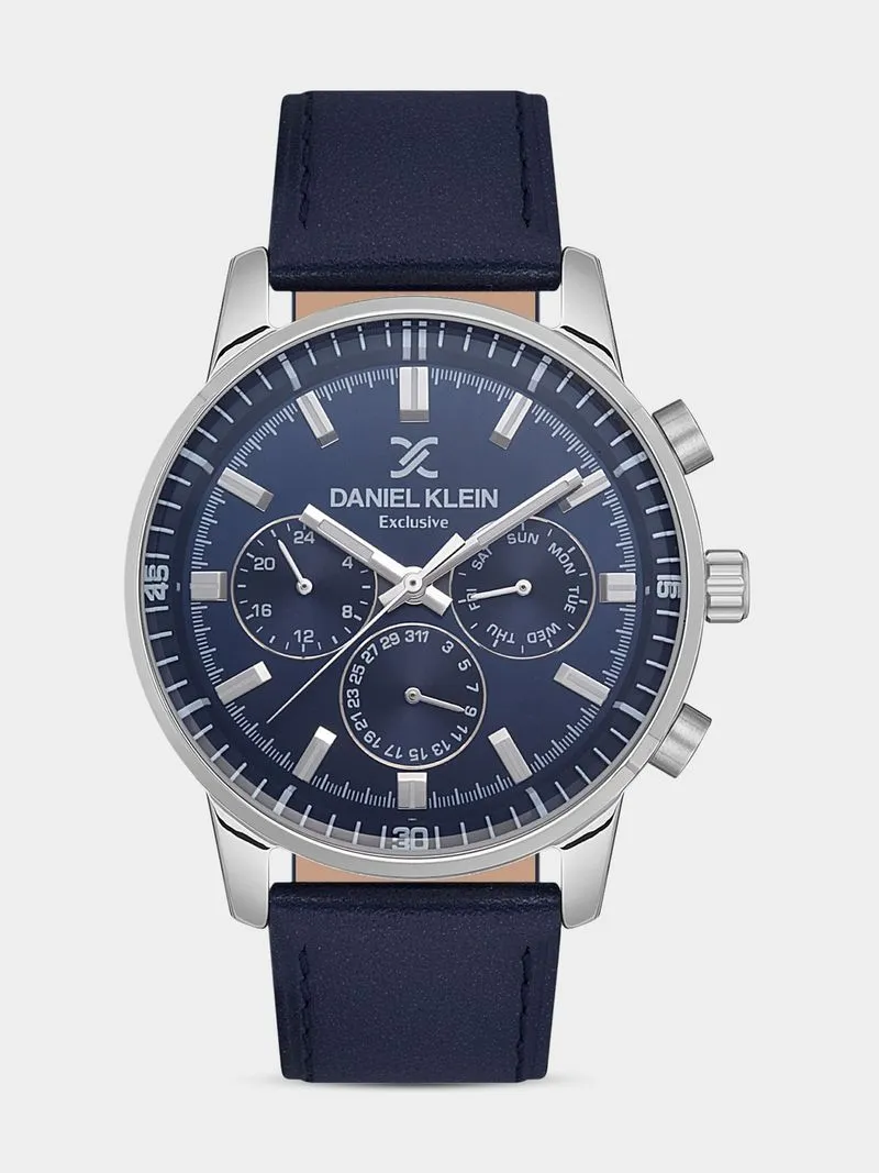 Daniel Klein Silver Plated Blue Leather Chronographic Watch