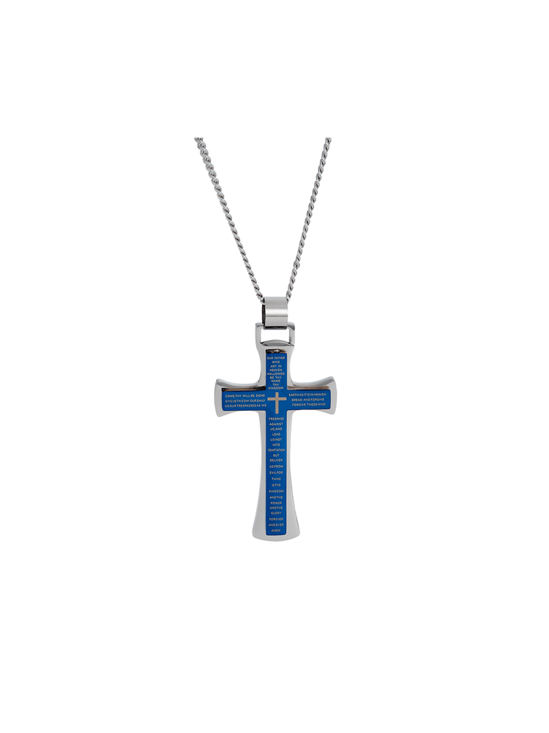 Stainless Steel Two-Tone Blue Prayer Cross Pendant