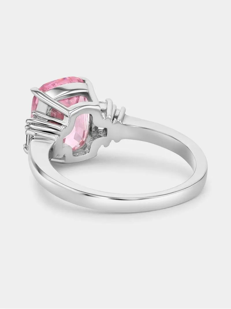 Sterling Silver Pink Cubic Zirconia Cushion Baguette Cocktail Ring