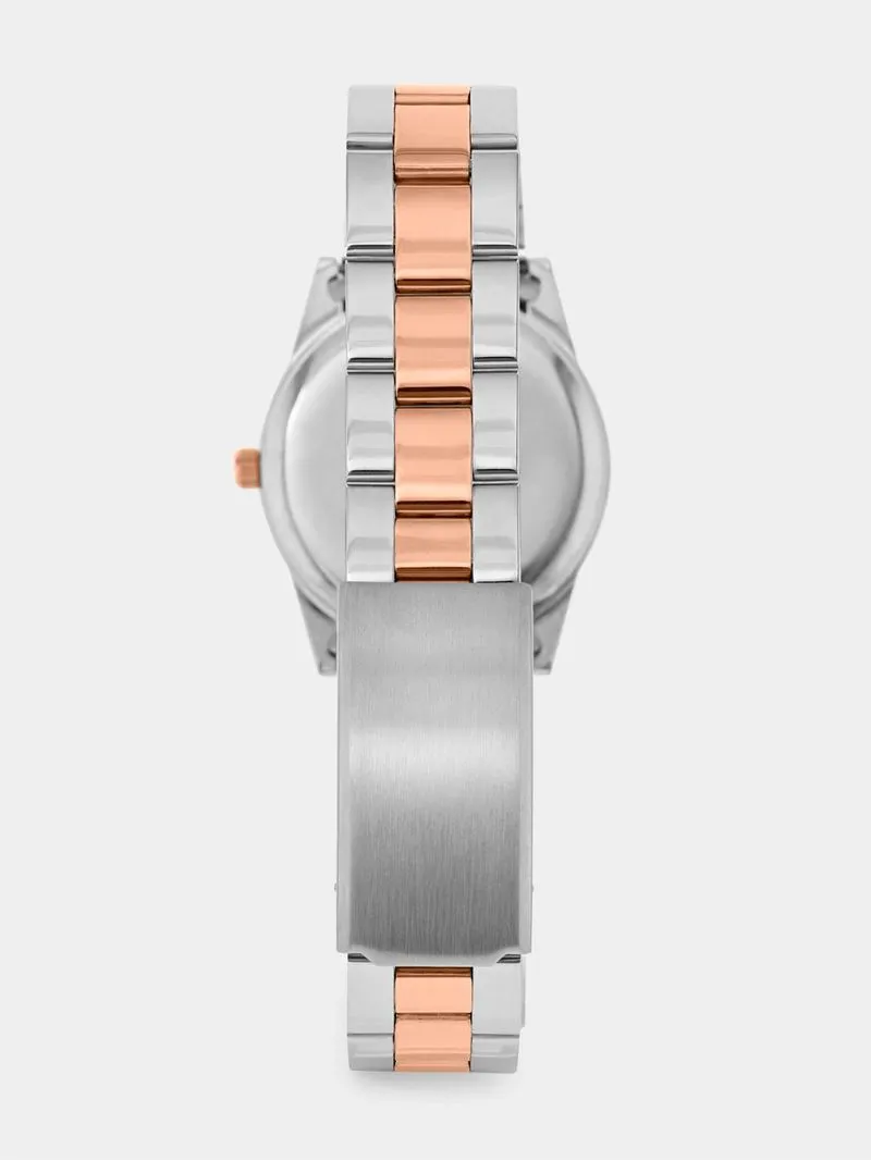 Tempo Women’s Silver & Rose Plated Coin Edge Blue Dial Bracelet Watch