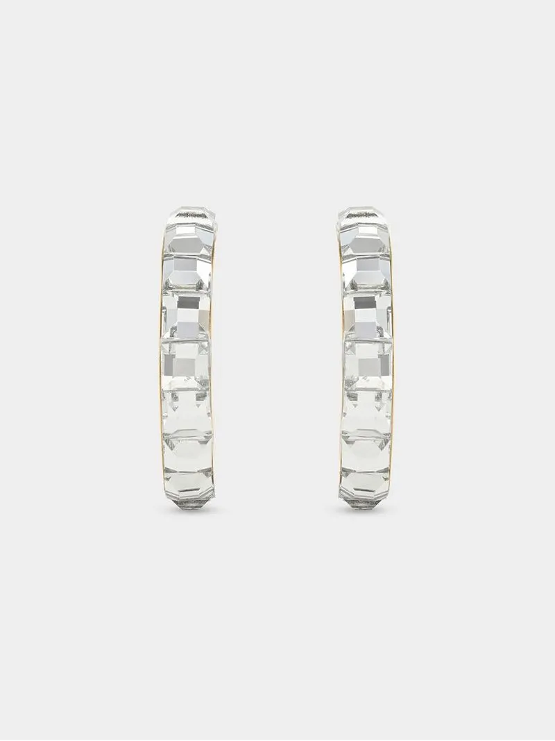 Yellow Gold Clear Crystal Open End Hoop Earrings