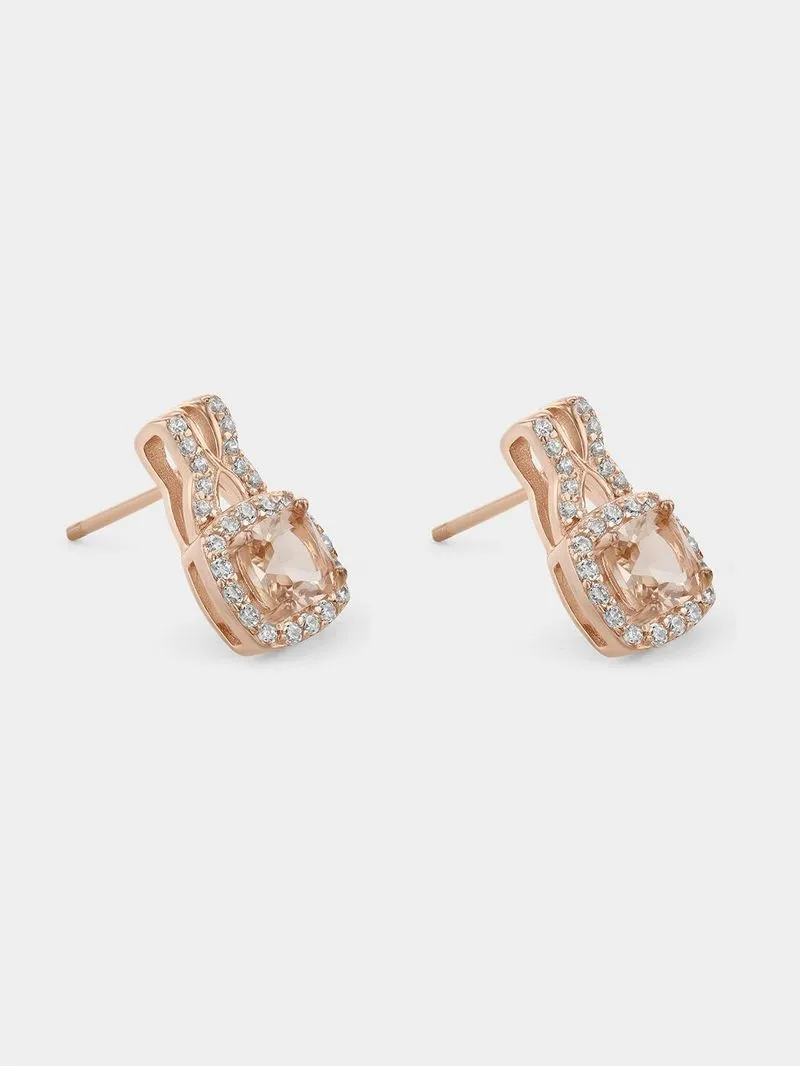 Sterling Silver Rose Gold Plated Morganite Peach Cubic Zirconia Cushion Stud Earrings
