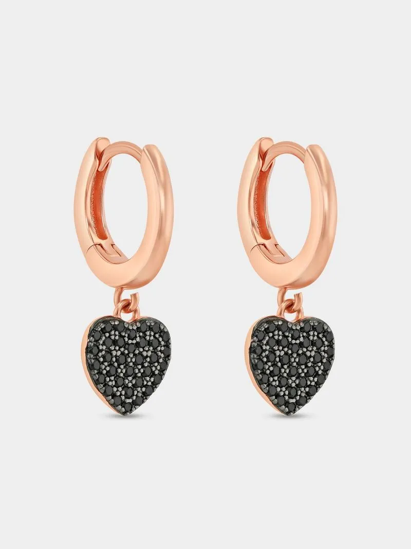 Rose Plated Sterling Silver Black Cubic Zirconia Heart Drop Earrings
