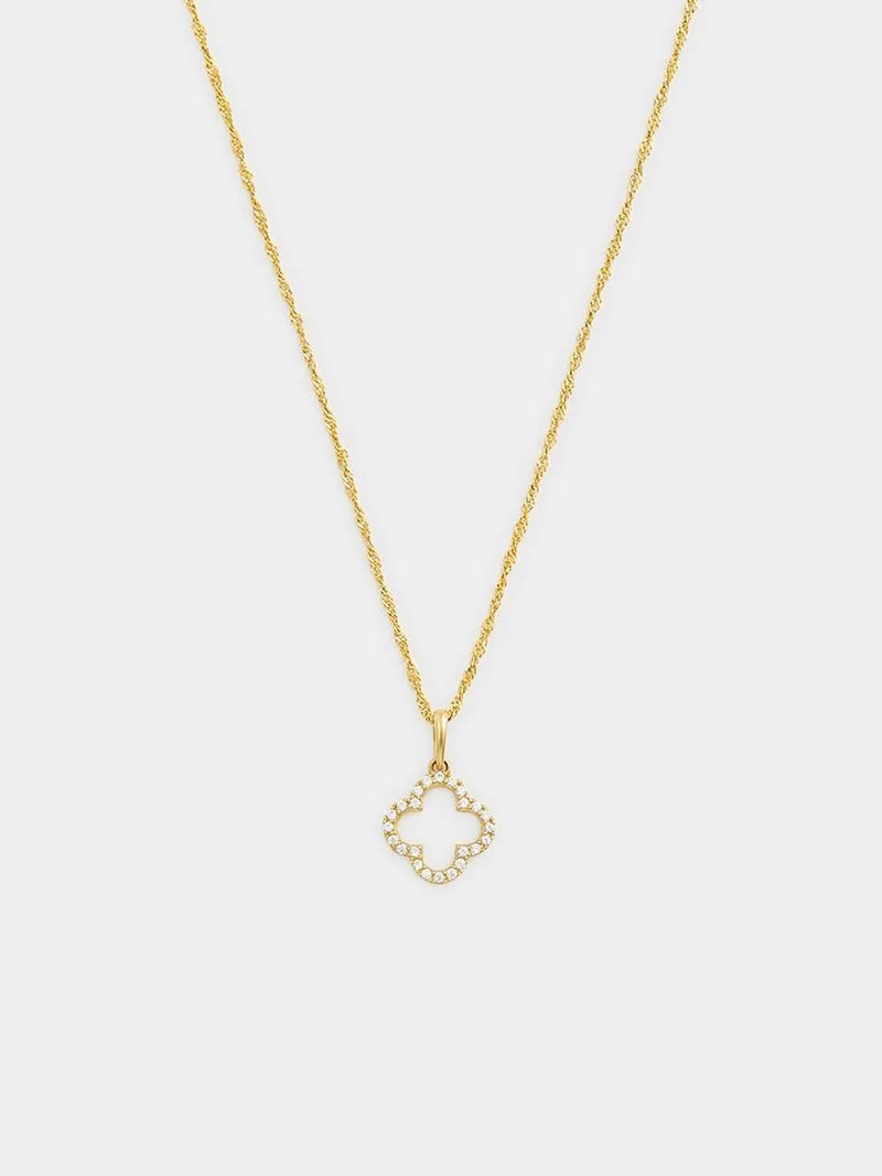 Yellow Gold Cubic Zirconia Clover Pendant on chain.