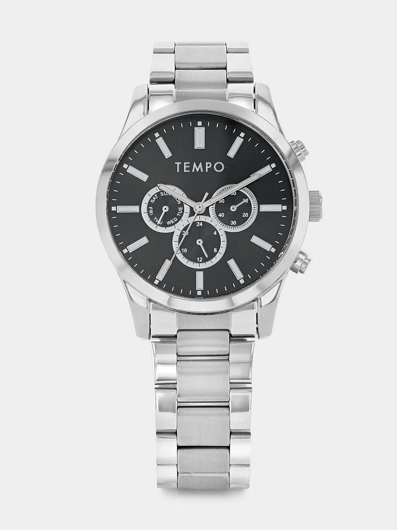 Tempo Silver Plated Black Dial Chronographic Look Bracelet Watch
