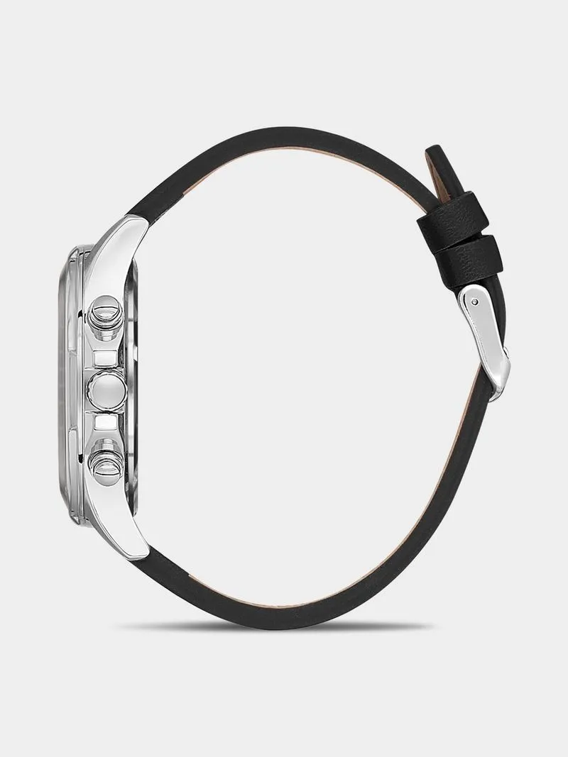 Daniel Klein Silver Plated Black Leather Chronographic Watch