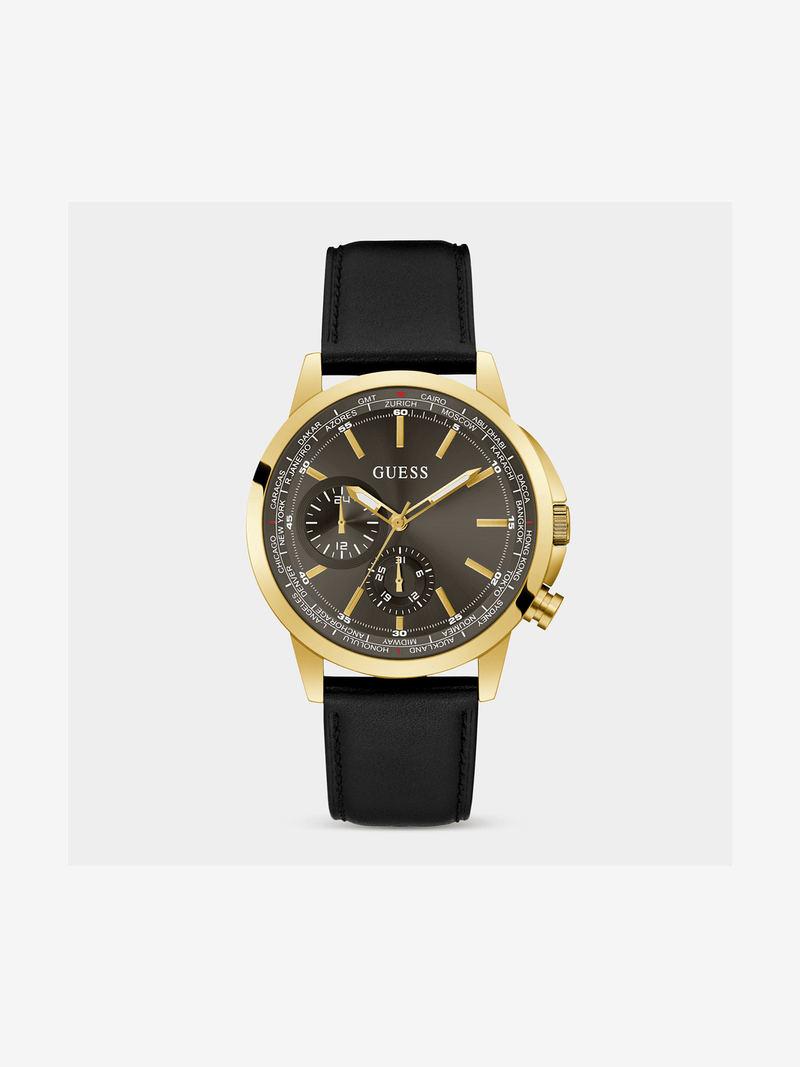 Guess Spec Gold Plated Gunmetal Dial Black Leather Watch