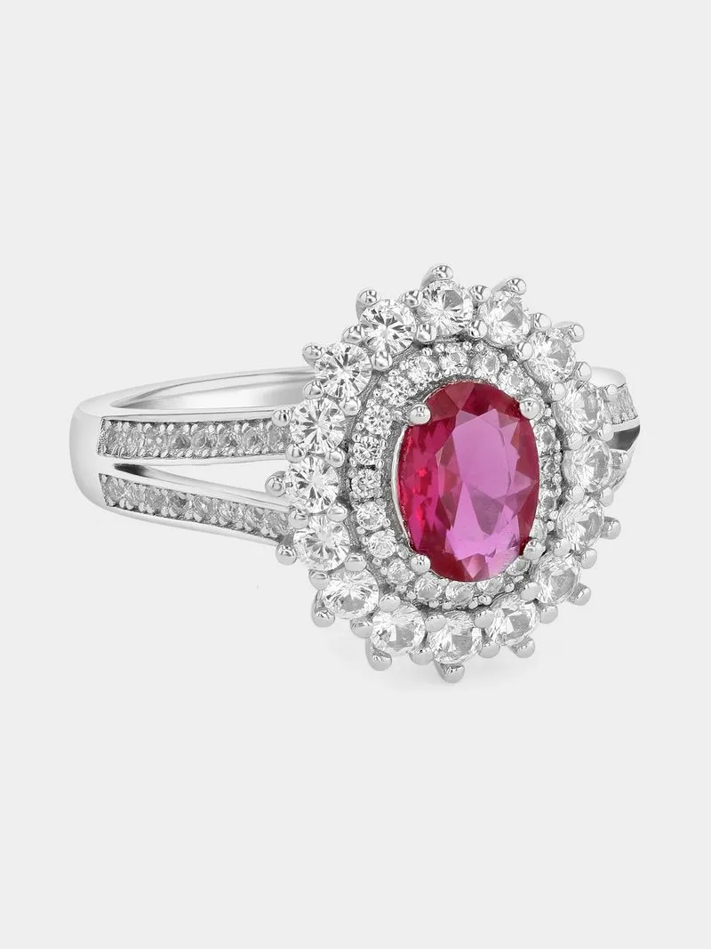 Sterling Silver Diamond & Created Sapphire & Created Ruby Oval Halo Ring