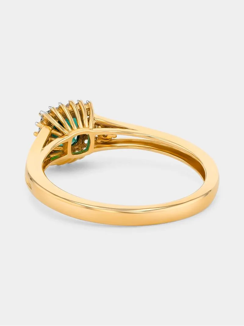 Yellow Gold Diamond & Created Emerald Cushion Halo Ring