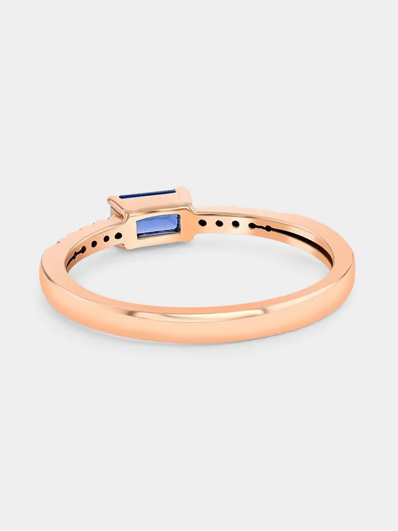 Rose Gold Lab Grown Blue Sapphire & Moissanite Women’s Emerald-Cut Ring