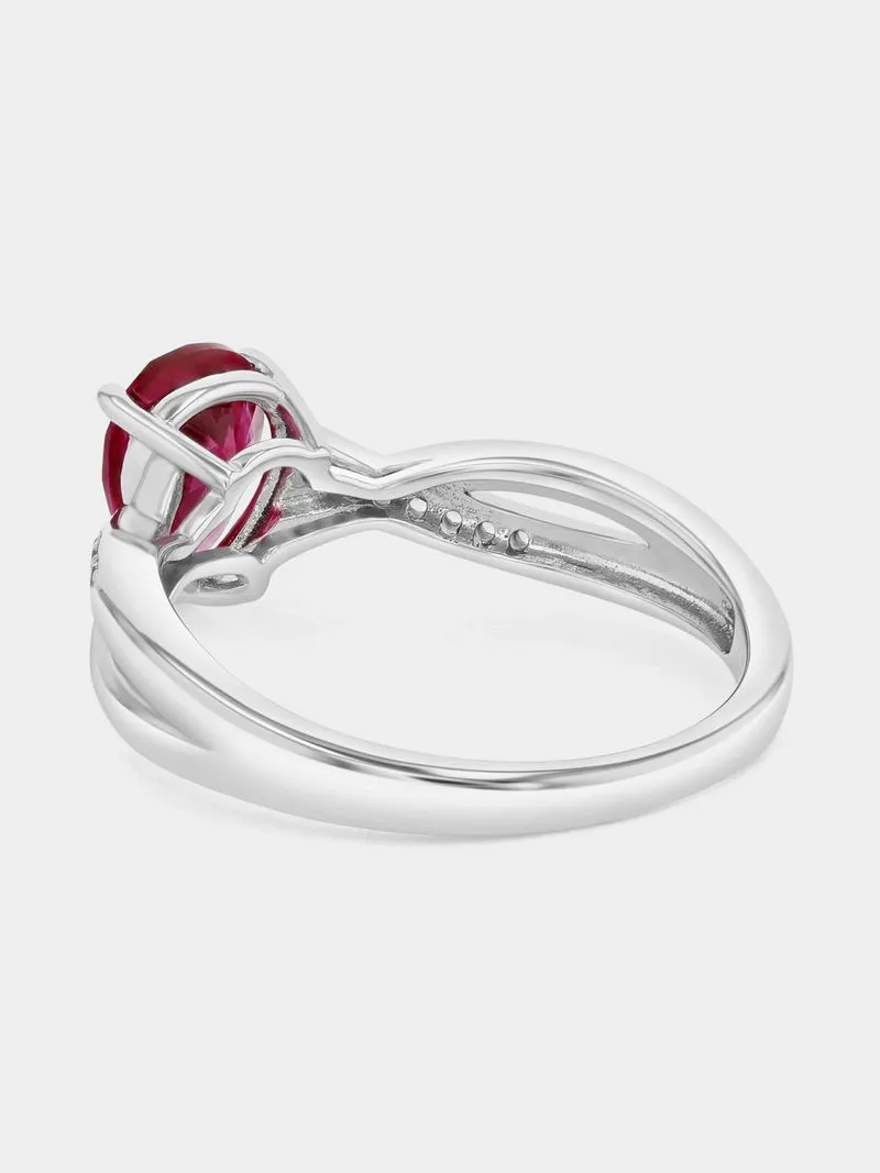 Sterling Silver Diamond & Created Ruby Pear Ring