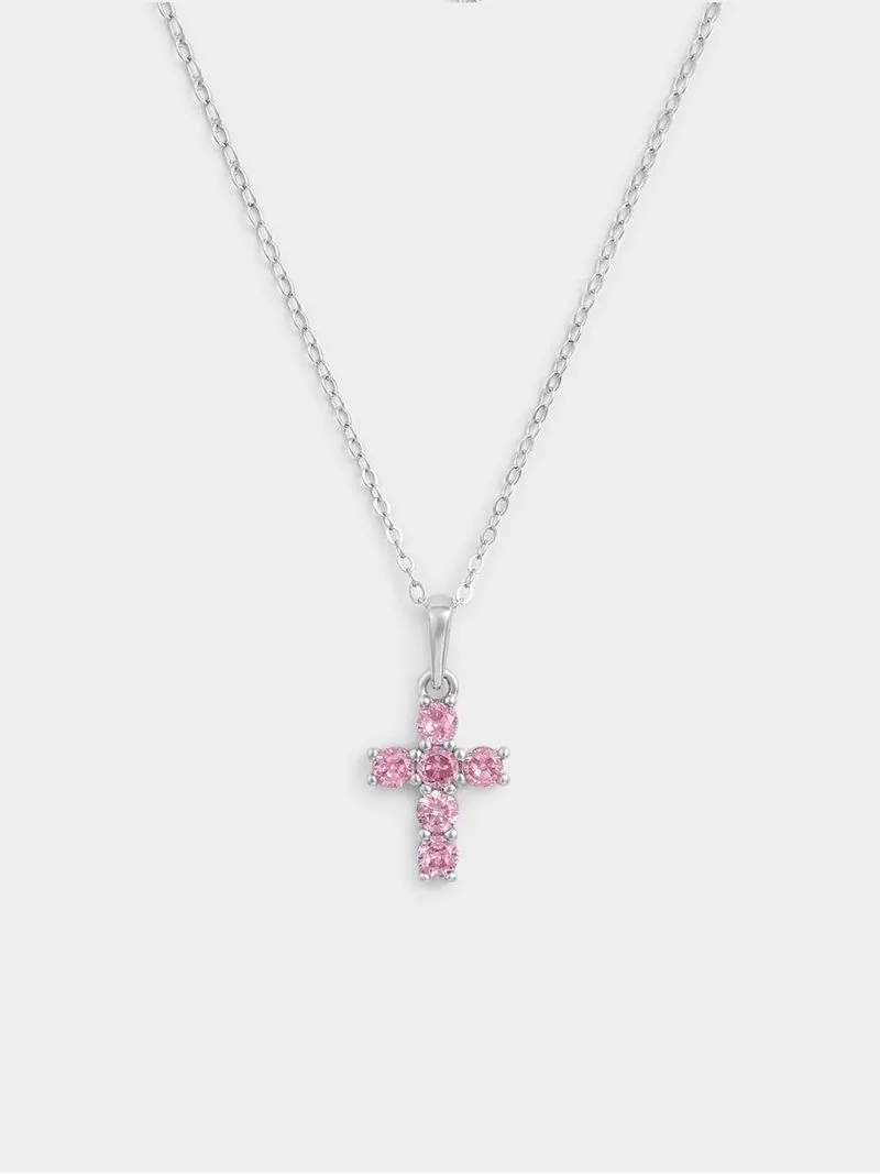 Sterling Silver Pink Cubic Zirconia Cross Pendant