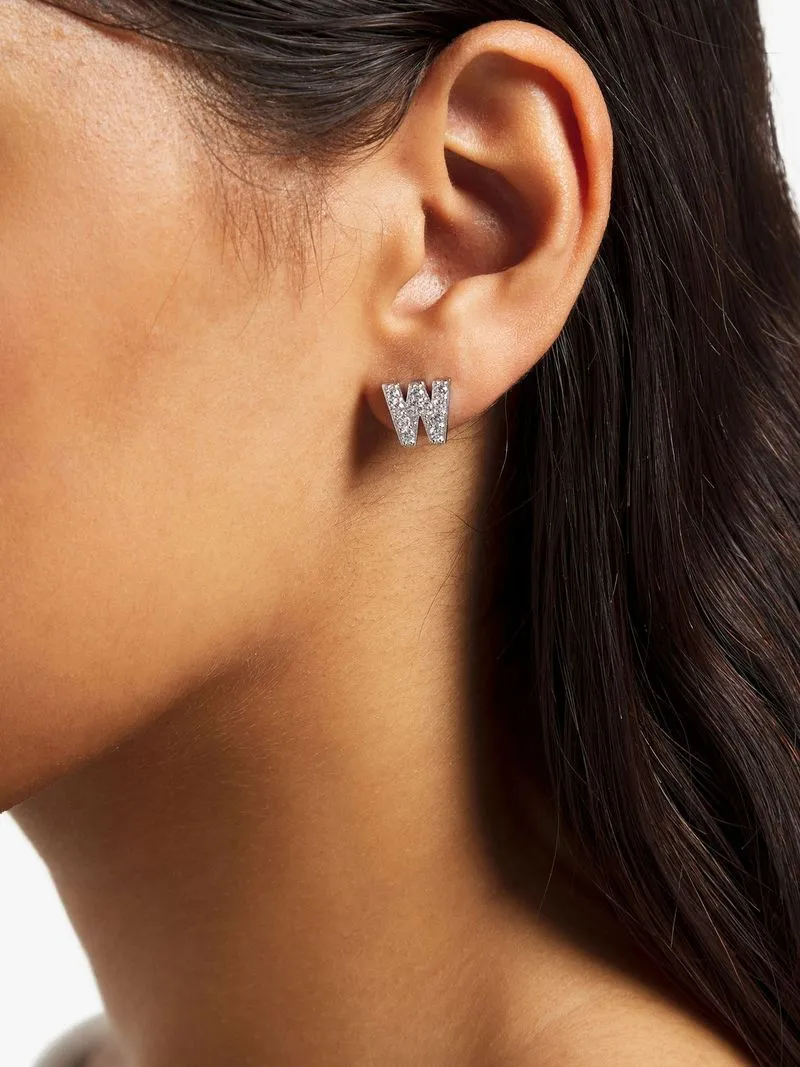 Rhodium Plated Pave Letter W Initial & 6mm CZ Stud