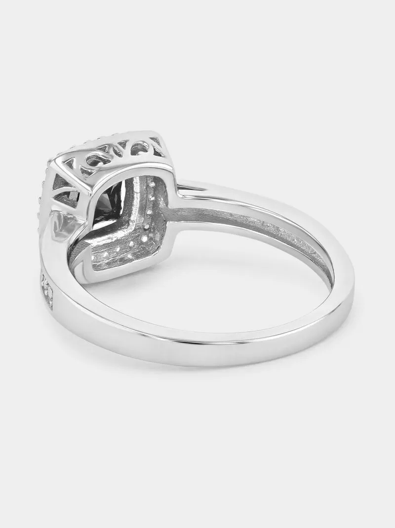 Sterling Silver Diamond & Black Sapphire Cushion Halo Ring