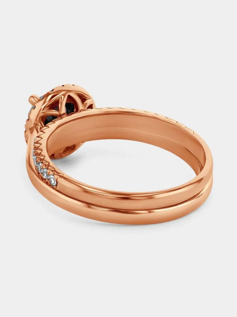 Rose Gold 1ct Black Diamond Round Halo Twinset Ring