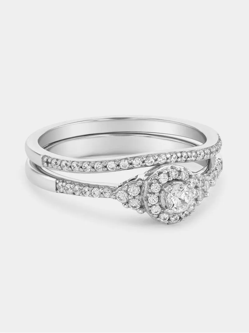 Sterling Silver 0.3ct Lab Grown Diamond Round Halo Trio Embrace Twinset Ring