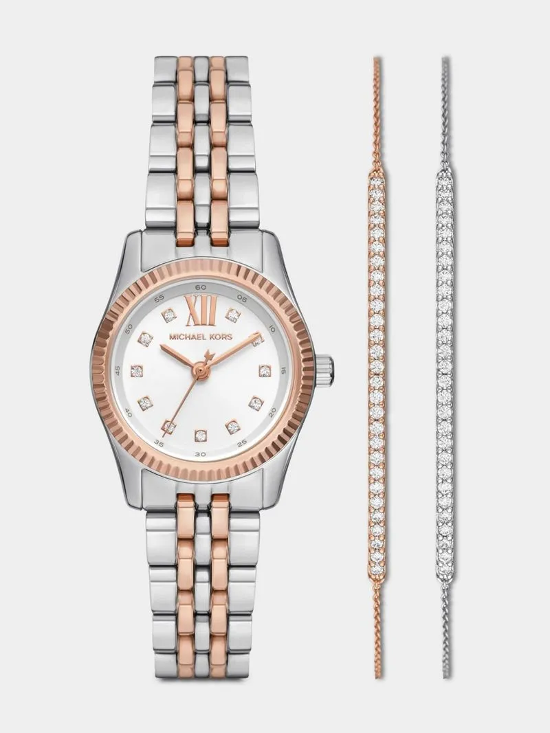 Michael Kors Lexington Silver & Rose Plated Watch & Bracelet Set