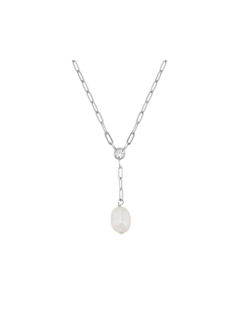 Sterling Silver Freshwater Pearl & Cubic Zirconia Large Link Pendant