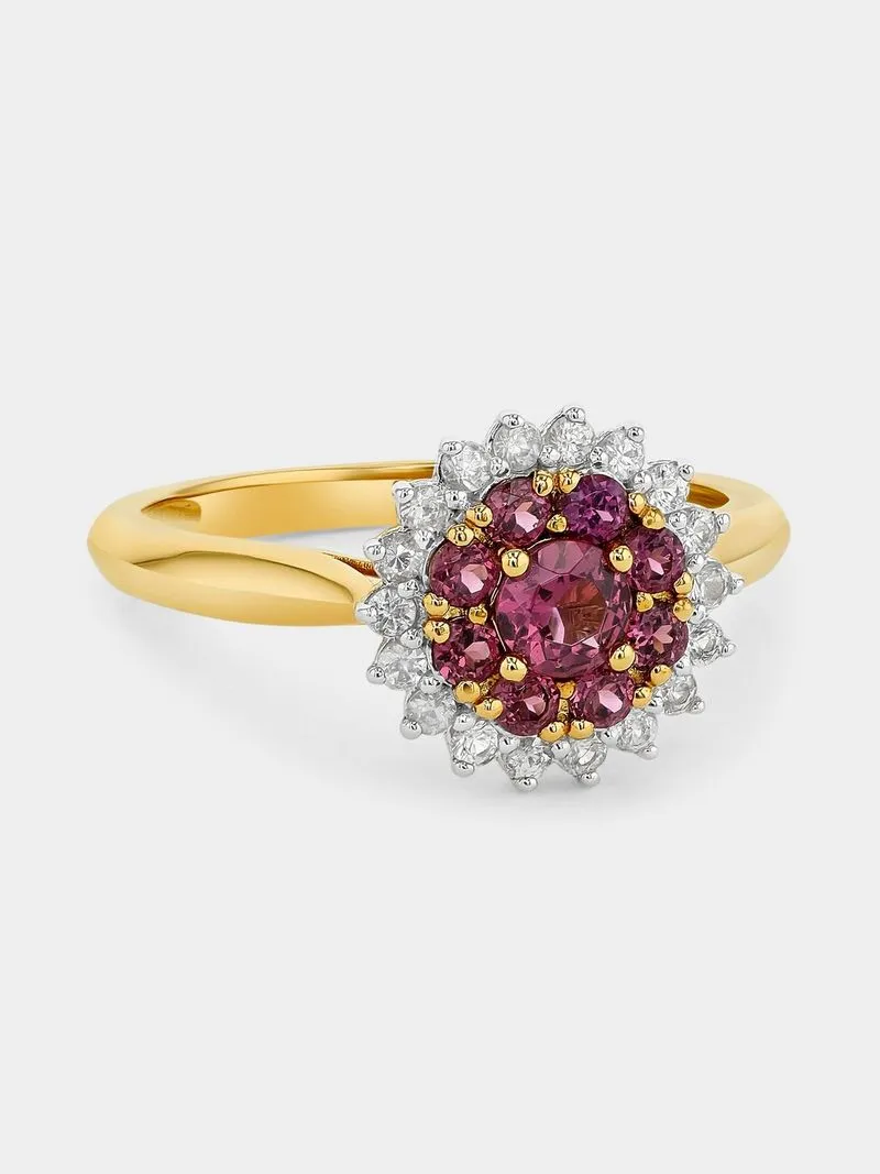 Yellow Gold Rhodolite & White Sapphire Round Cluster Ring