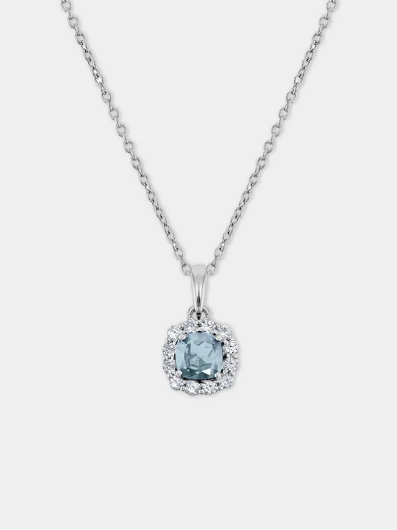 Sterling Silver Diamond & Sky Blue Topaz Cushion Halo Pendant