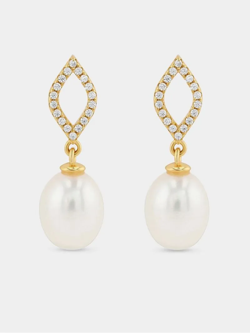 Gold Plated Sterling Silver Freshwater Pearl Open Marquise Drop Earrings