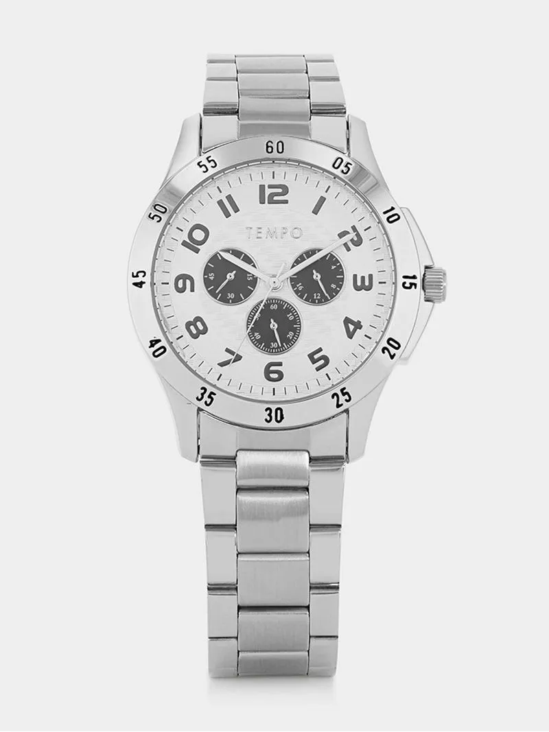 Tempo Men’s Silver Plated Silver & Black Multifunction Dial Bracelet Watch