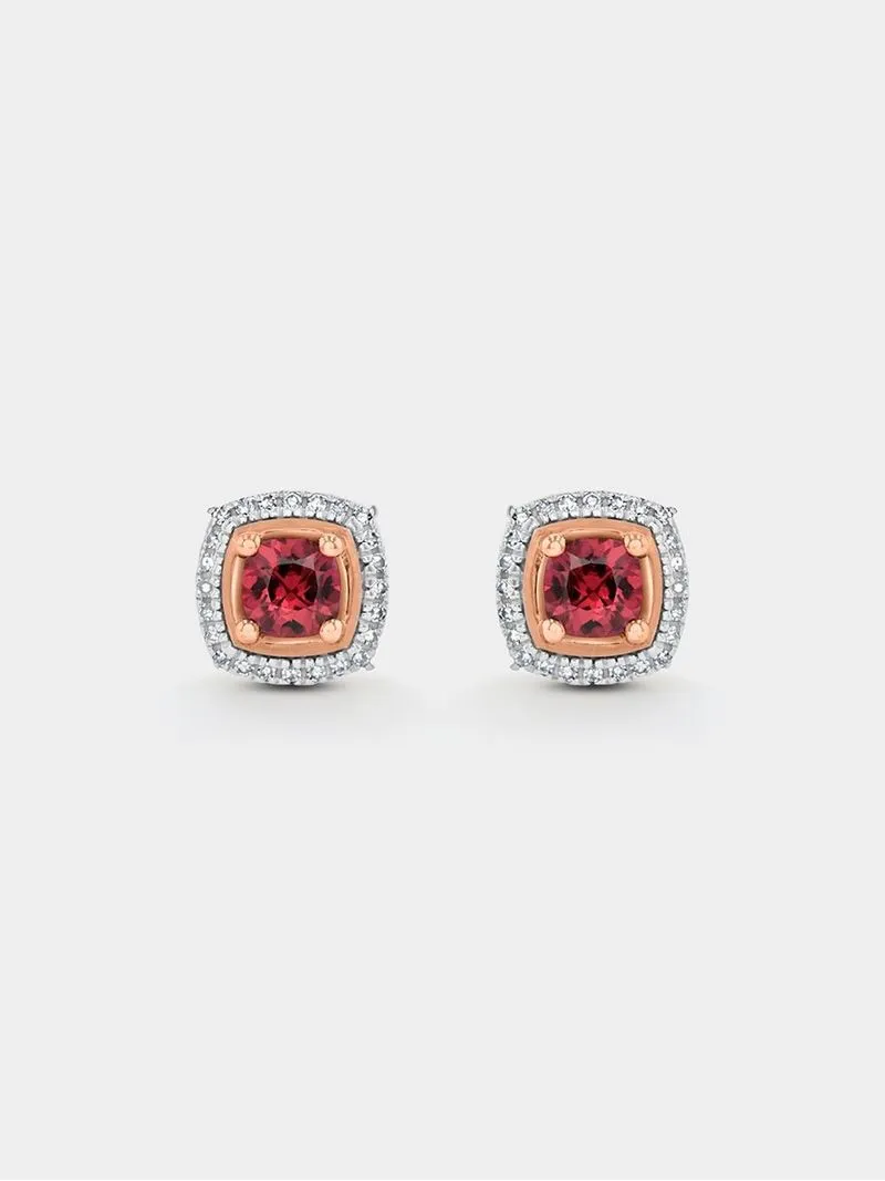 Rose Gold Diamond & Rhodolite Cushion Halo Stud Earrings