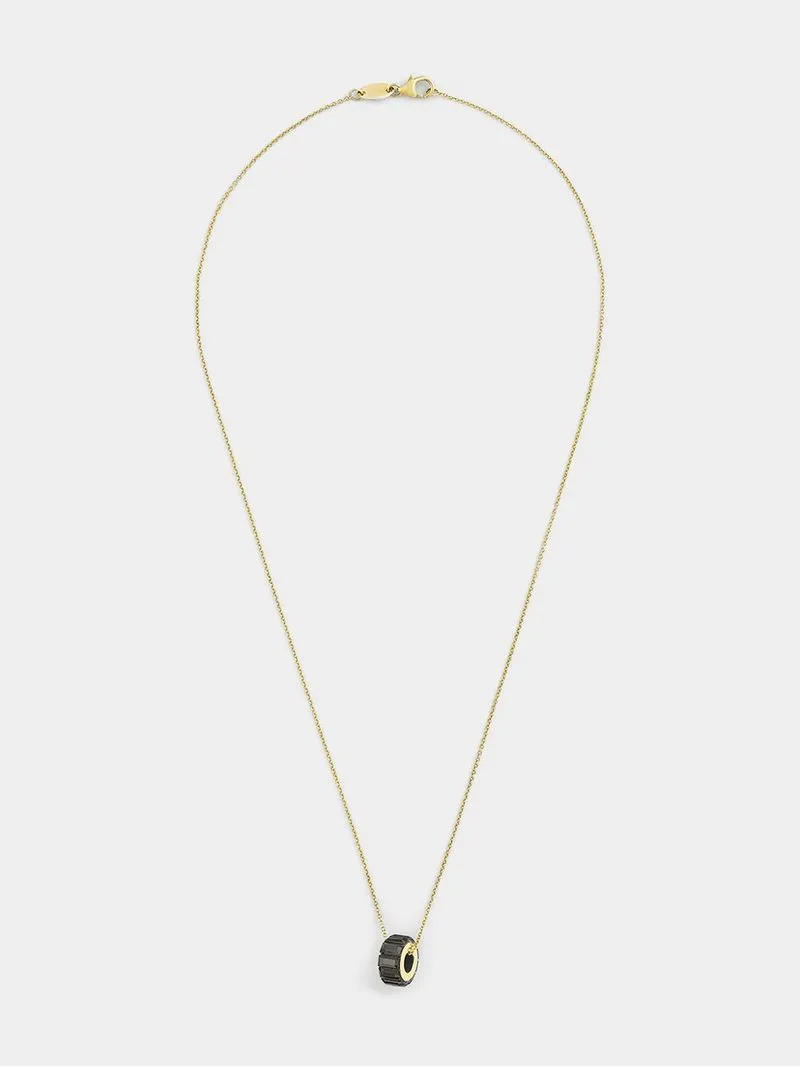 Yellow Gold Black Crystal Barrel Pendant on Chain.