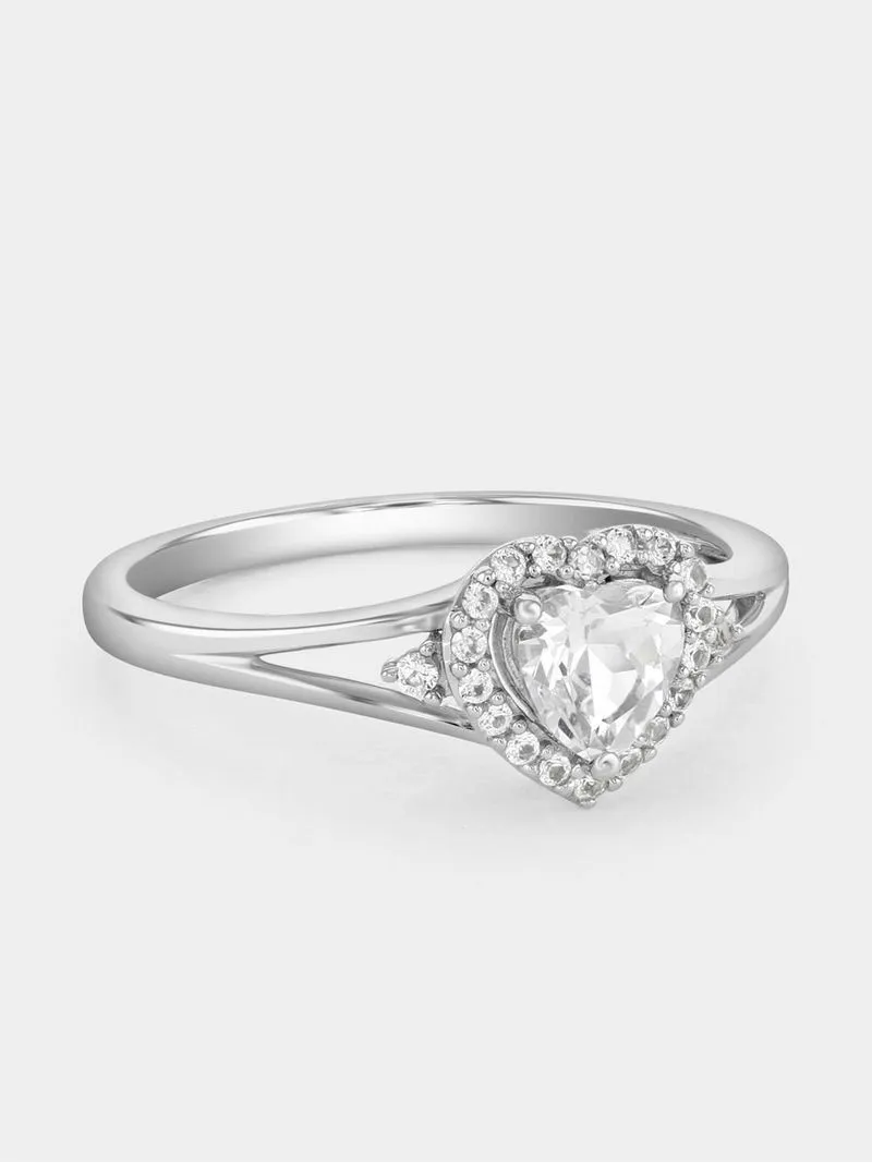 Sterling Silver Diamond & Created Sapphire Heart Halo Ring