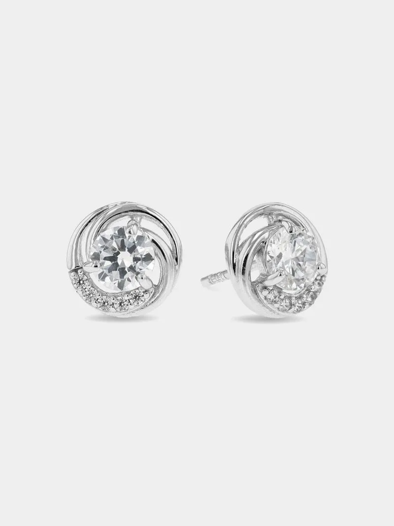 Sterling Silver Cubic Zirconia Women's Curved Solitaire Stud Earrings