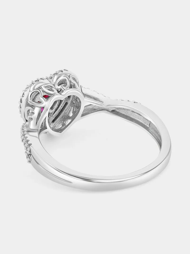 Sterling Silver Diamond & Created Ruby Heart Halo Ring