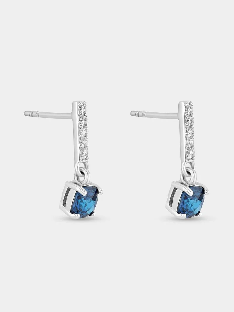 Sterling Silver Sapphire Blue Cubic Zirconia Bar Drop Earrings