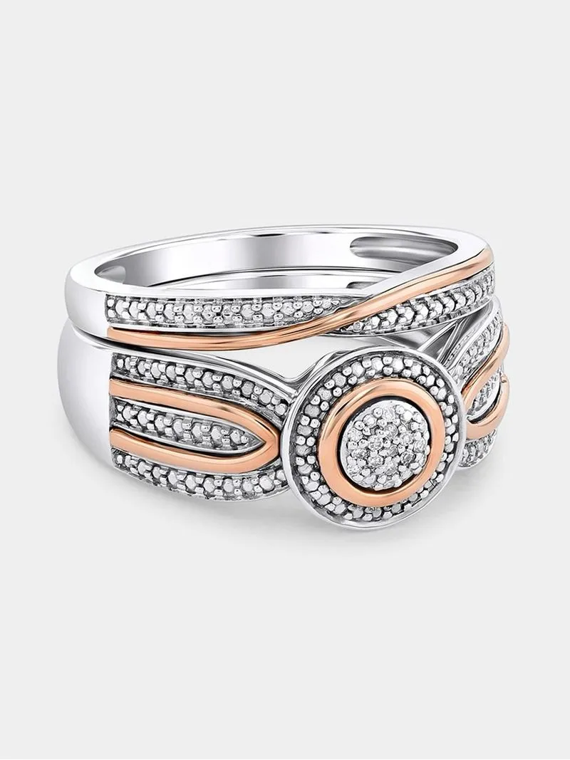 Rose Gold & Sterling Silver Diamond Round Halo Twist Twinset Ring