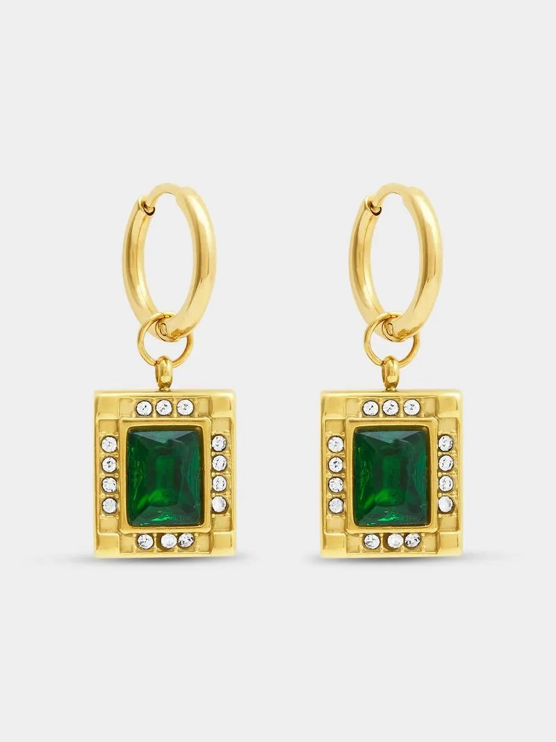 Gold Tone Stainless Steel Removable Square Green Accent Charm Hoops