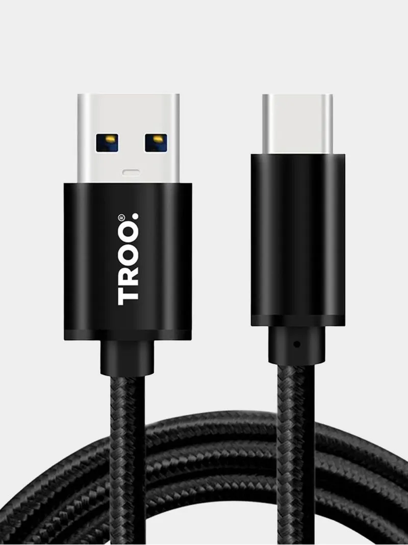 TROO Certified Fast Charge 30W USB To Type-C Braided Cable - Black - 2 m