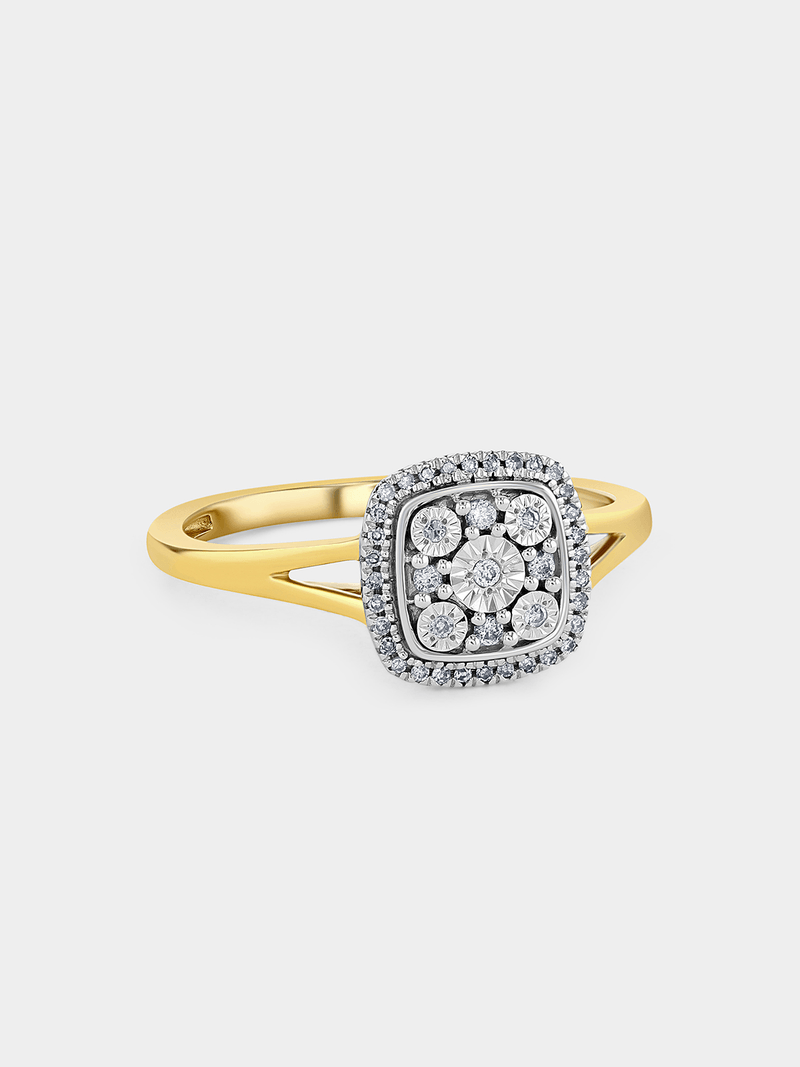 Yellow Gold 0.10ct Diamond Cushion Cluster Halo Ring