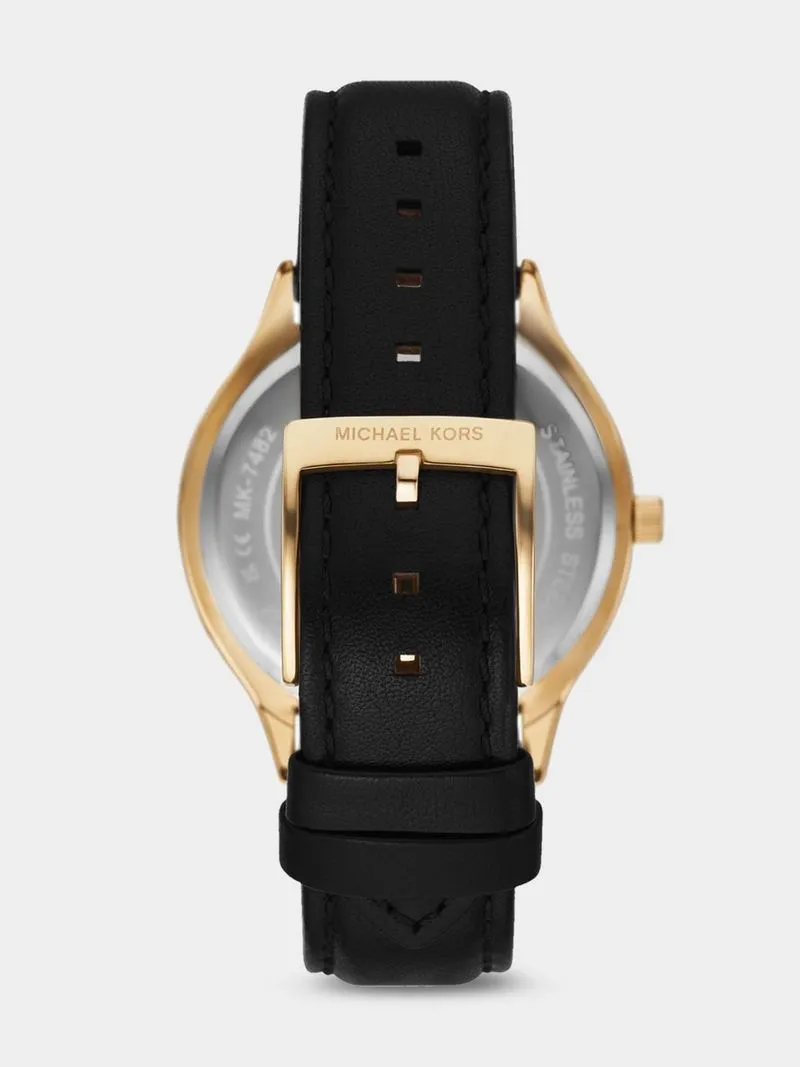 Michael Kors Slim Runway Gold Plated Stainless Steel Black Leather Watch