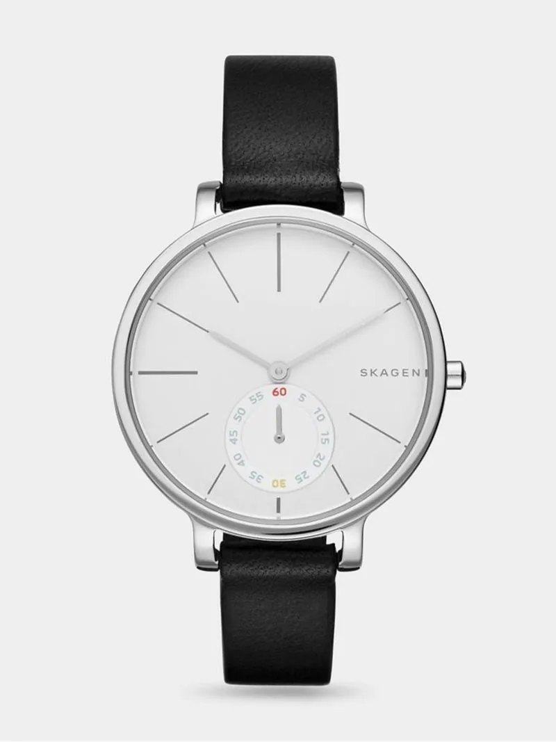 Skagen Women's Hagen Silver Plated Stainless Steel & Black Leather Watch