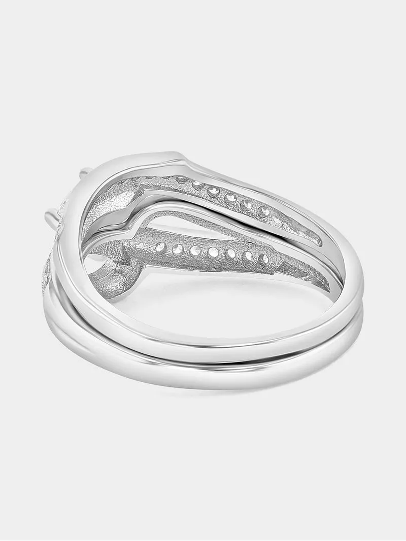 Sterling Silver Cubic Zirconia Solitaire Wave Twinset Ring