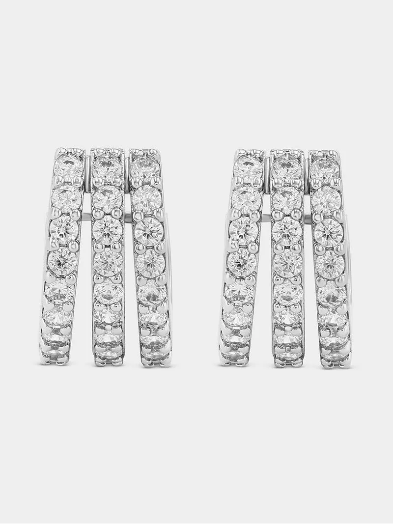 White Gold Cubic Zirconia Three Row Hoop Earrings