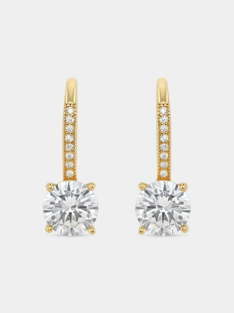 Gold Plated Sterling Silver Cubic Zirconia Round Solitaire Drop Earrings