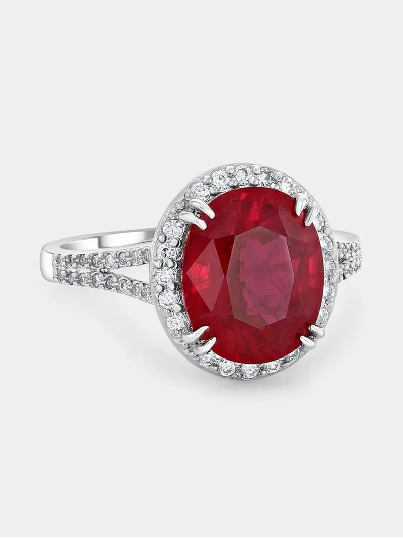 White Gold Lab Grown Ruby & Moissanite Women’s Oval Halo Ring